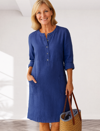 Blue linen-look everyday dress with button placket, three-quarter sleeves, side pockets