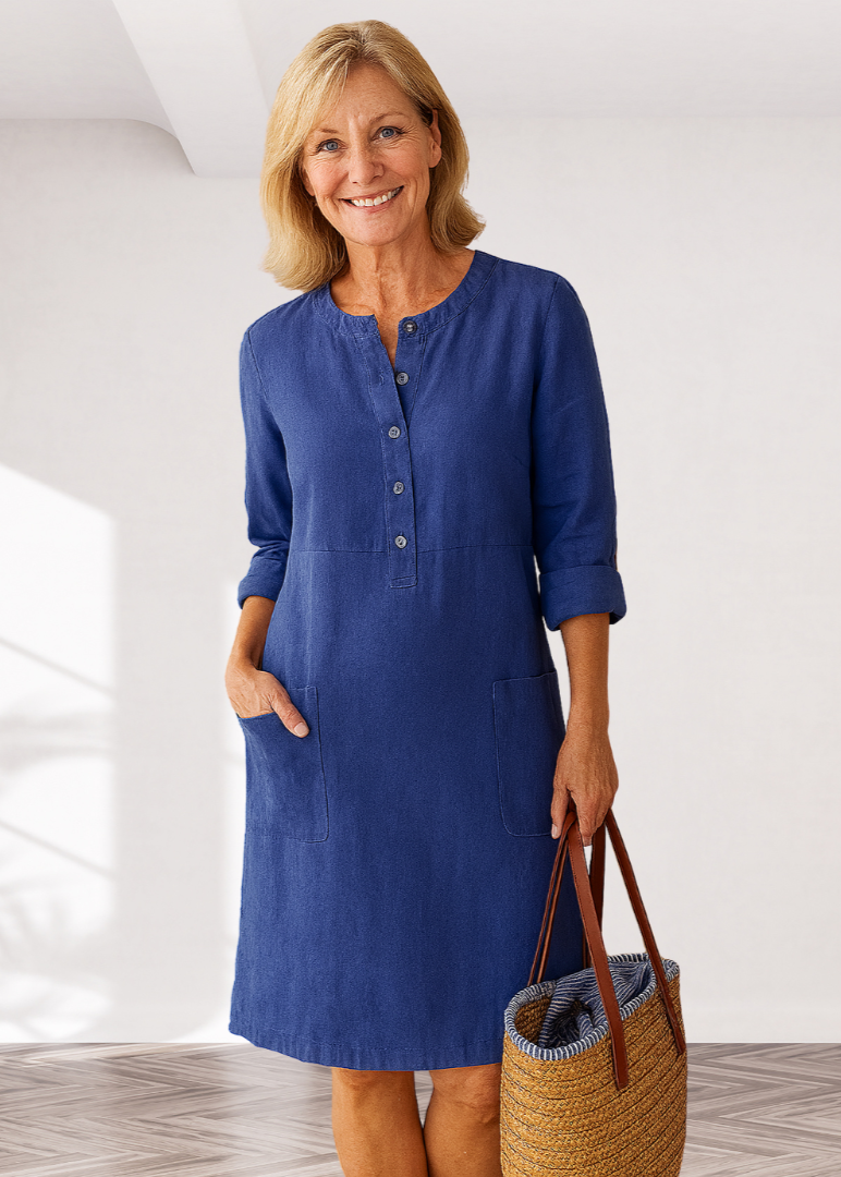 Blue linen-look everyday dress with button placket, three-quarter sleeves, side pockets
