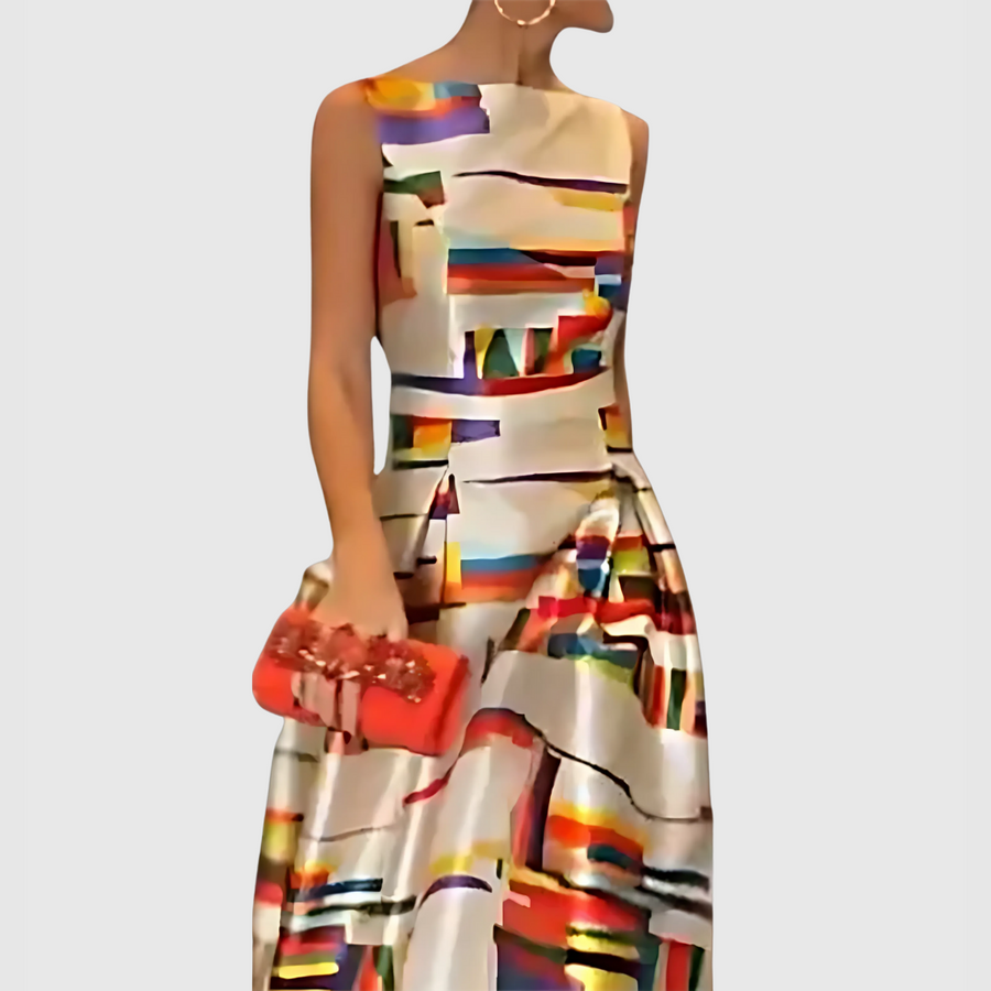Sleeveless maxi dress in abstract multicolor print, fitted bodice and flared skirt