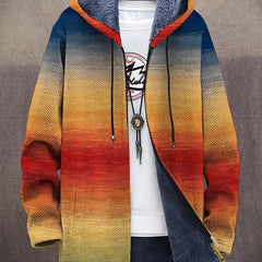 Multicolored art-print hoodie with fleece-lined hood, front pocket, drawstring cords