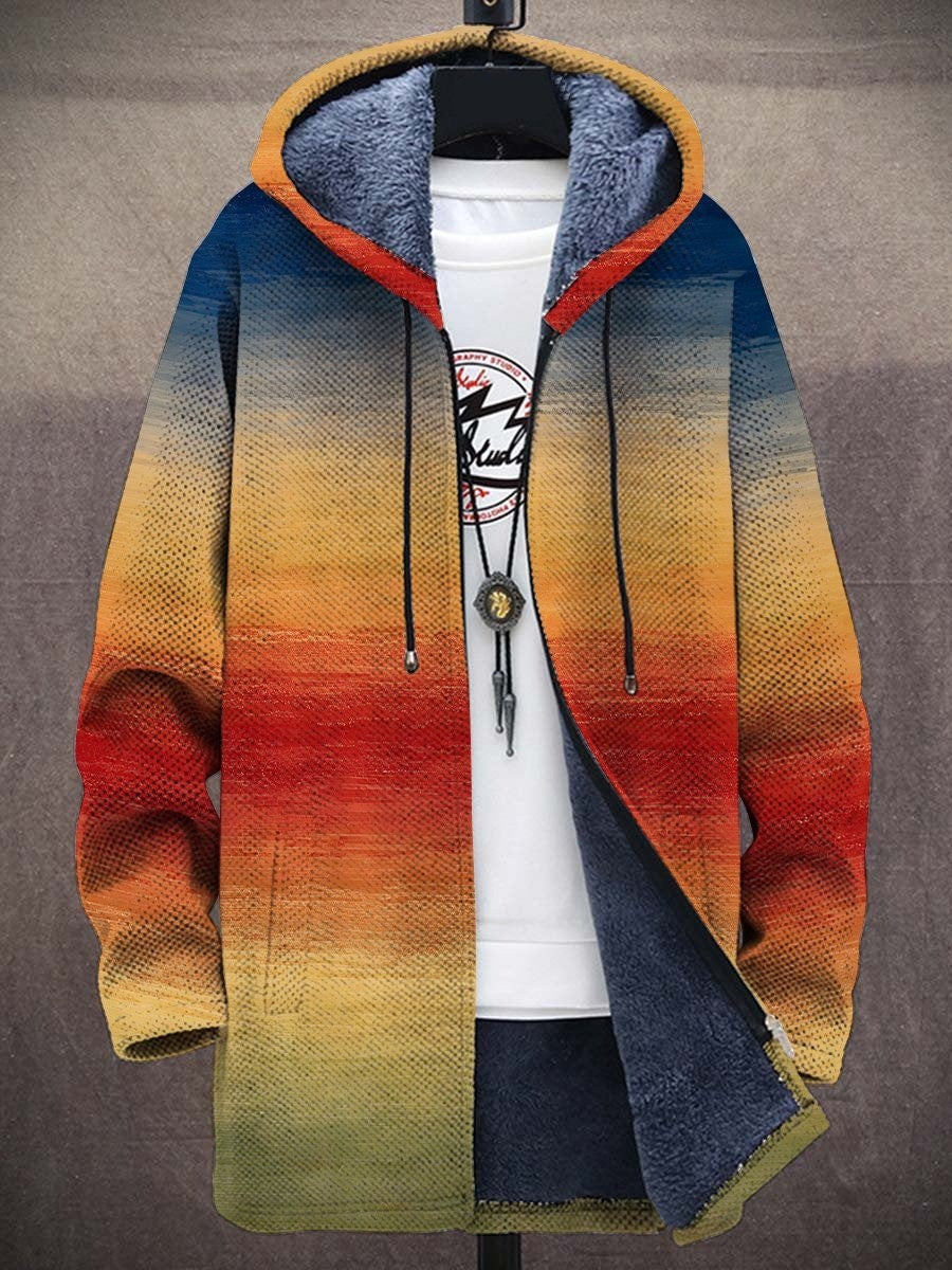 Multicolored art-print hoodie with fleece-lined hood, front pocket, drawstring cords