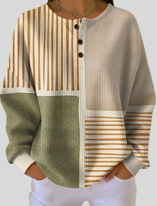 Waffle-knit henley sweatshirt with button placket and beige, green, and striped colorblock