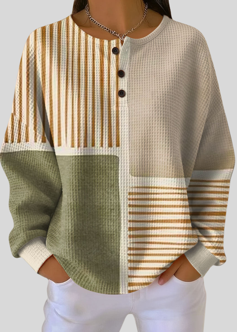 Waffle-knit henley sweatshirt with button placket and beige, green, and striped colorblock