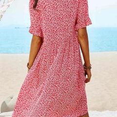 Red floral short-sleeve V-neck dress, knee-length, back view