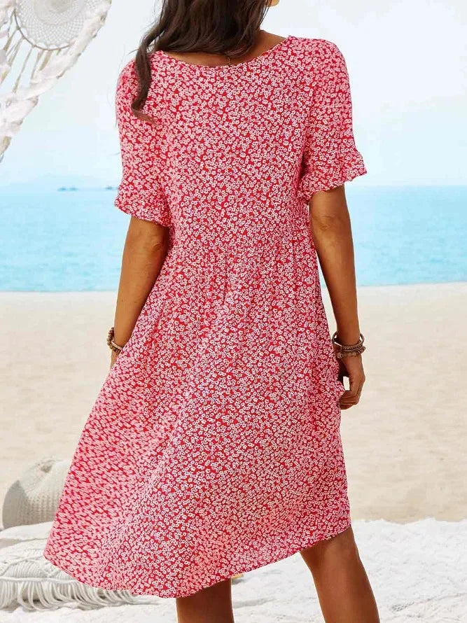 Red floral short-sleeve V-neck dress, knee-length, back view
