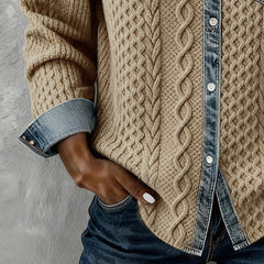 Khaki long-sleeve cable-knit shirt detail with denim cuff and buttoned front placket