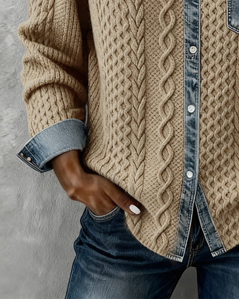 Khaki long-sleeve cable-knit shirt detail with denim cuff and buttoned front placket