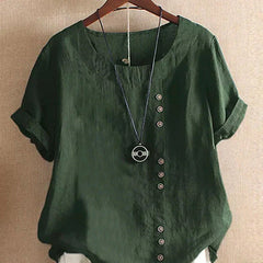 Green summer tee with V-neck, front button placket, short sleeves and pendant charm