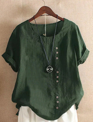 Green summer tee with V-neck, front button placket, short sleeves and pendant charm