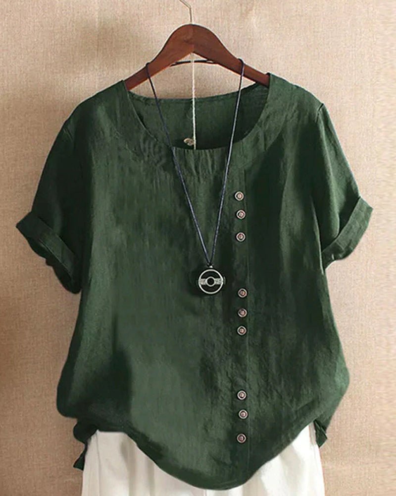 Green summer tee with V-neck, front button placket, short sleeves and pendant charm