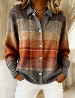 Multicolored plaid button-up blouse with collared neckline and long sleeves