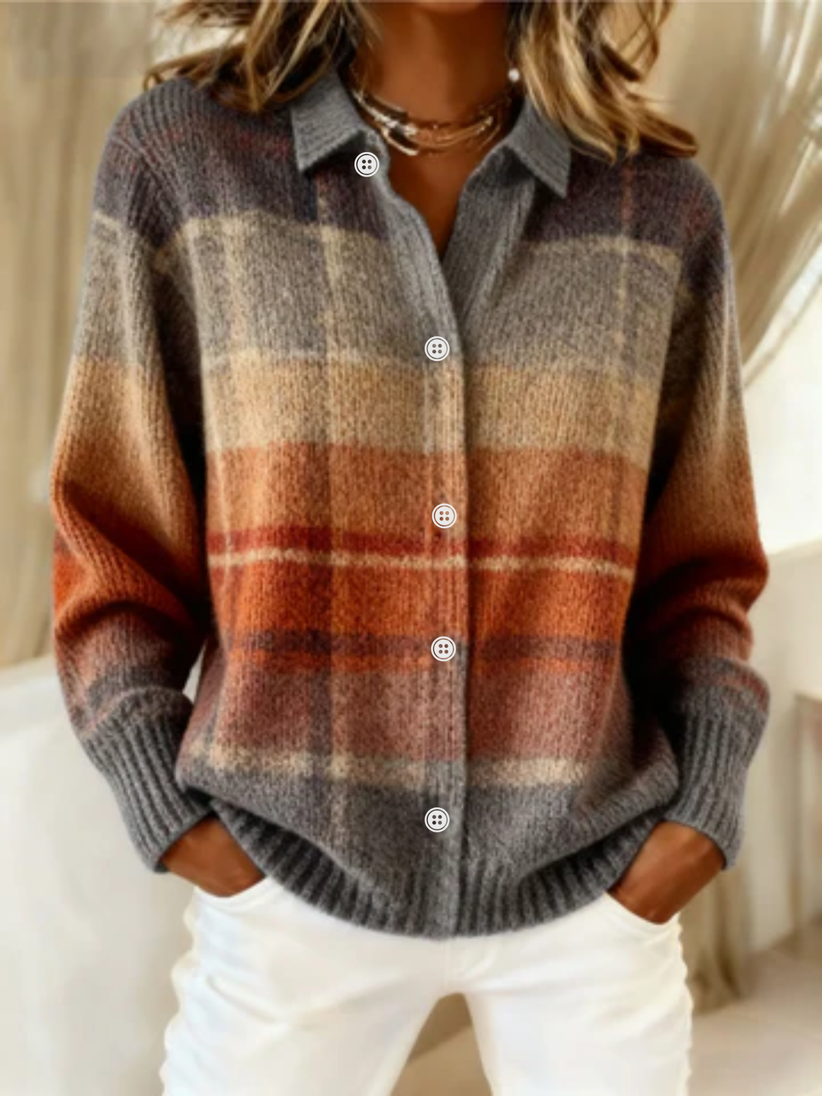 Multicolored plaid button-up blouse with collared neckline and long sleeves