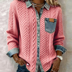 Pink long-sleeve cable-knit shirt with denim collar, placket, and chest pocket