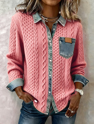 Pink long-sleeve cable-knit shirt with denim collar, placket, and chest pocket