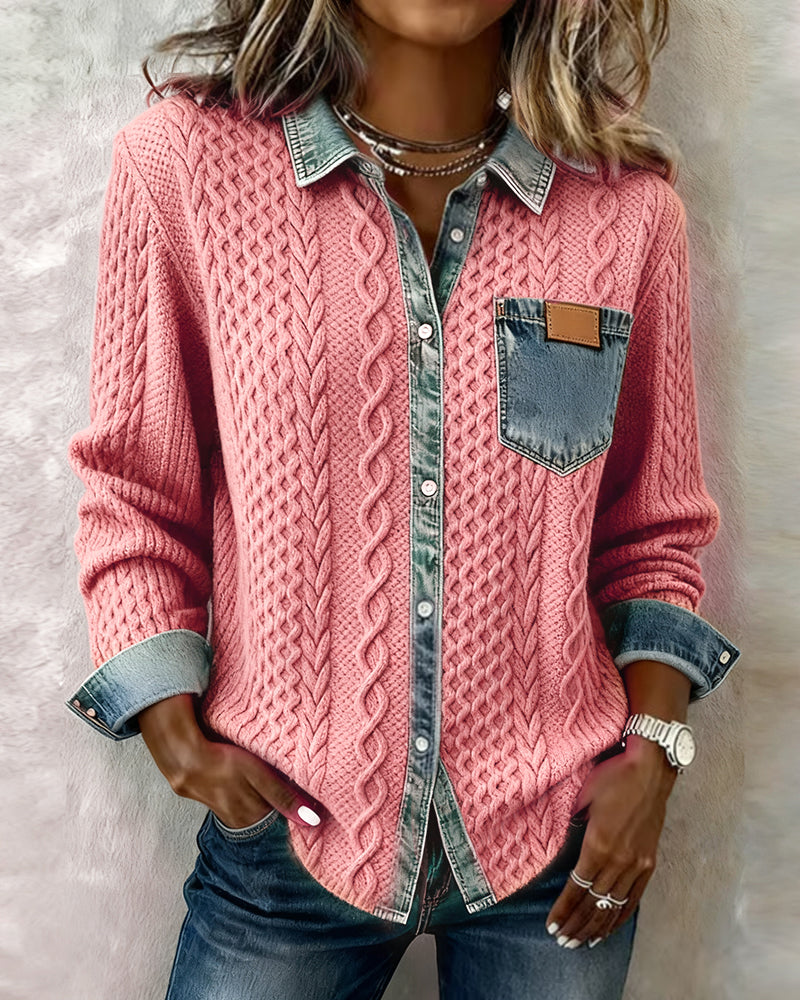 Pink long-sleeve cable-knit shirt with denim collar, placket, and chest pocket