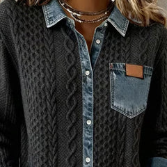 Dark gray long-sleeve cable-knit shirt with denim collar and chest pocket patch