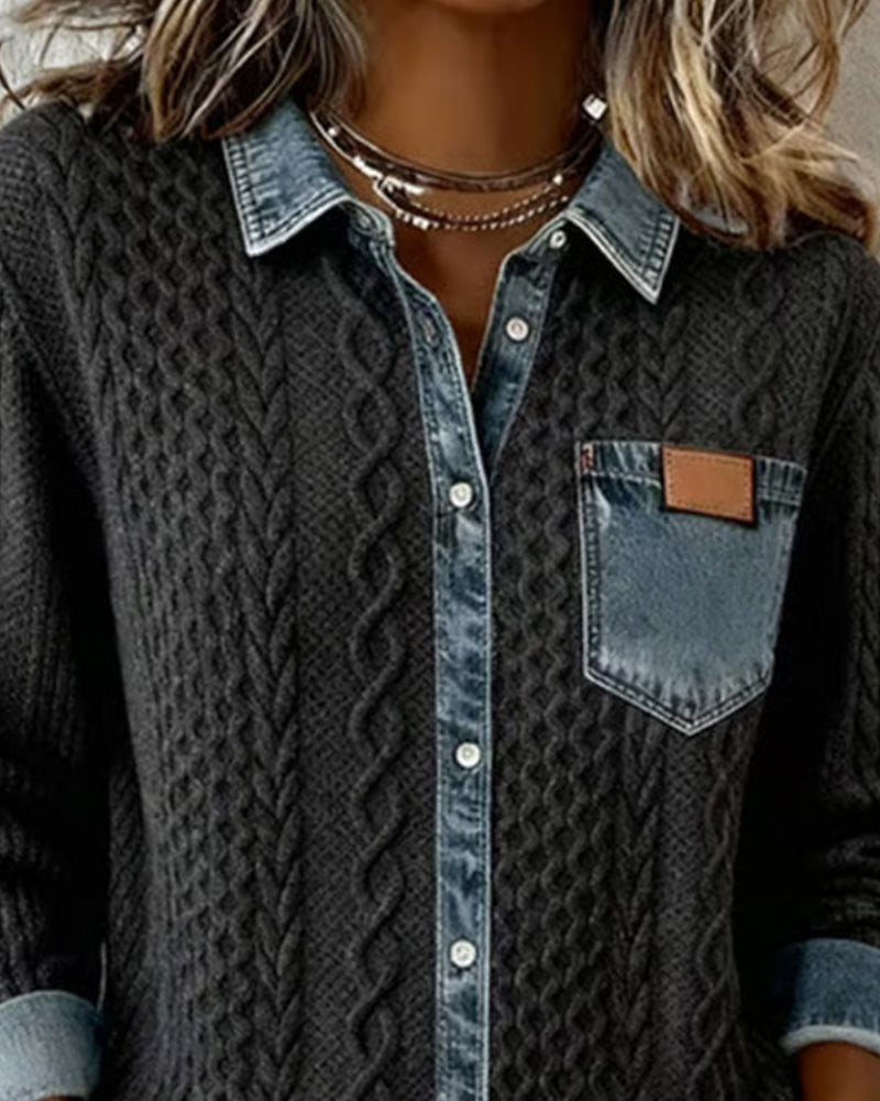 Dark gray long-sleeve cable-knit shirt with denim collar and chest pocket patch
