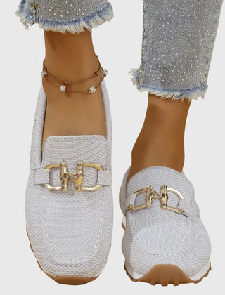 White mesh orthopedic loafer sneakers with gold buckle accent and rubber sole