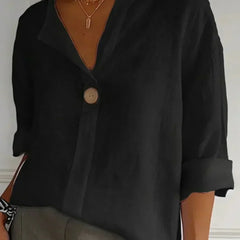 Relaxed black button-up top with V-neck and short cuffed sleeves, front button placket.