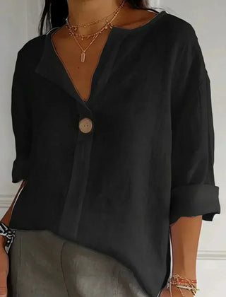 Relaxed black button-up top with V-neck and short cuffed sleeves, front button placket.