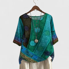 Boho patchwork tunic top with short sleeves, round button placket, teal/green