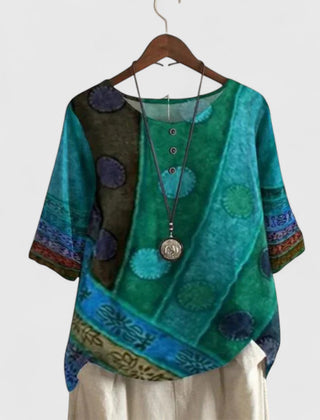 Boho patchwork tunic top with short sleeves, round button placket, teal/green