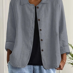 Lightweight button-front top with collar, three-quarter sleeves, light periwinkle