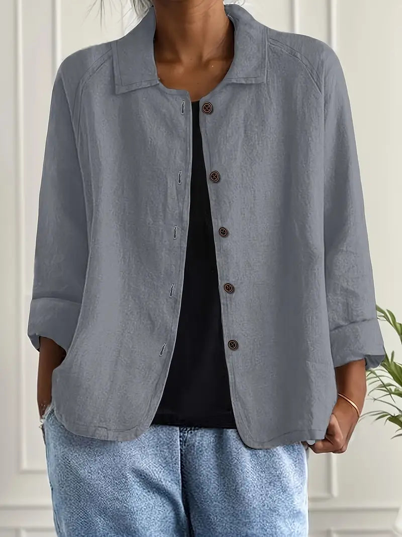 Lightweight button-front top with collar, three-quarter sleeves, light periwinkle