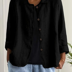 Lightweight button-front top with collar, three-quarter sleeves, black