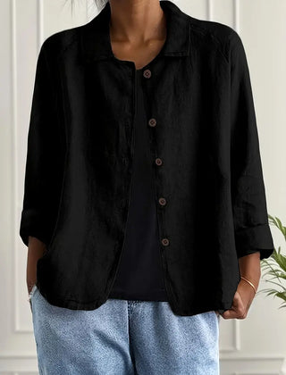 Lightweight button-front top with collar, three-quarter sleeves, black