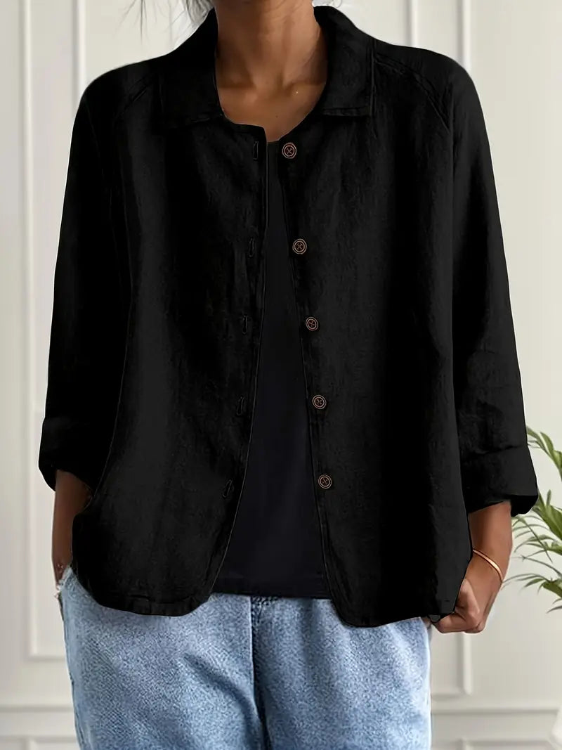 Lightweight button-front top with collar, three-quarter sleeves, black