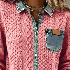 Pink long-sleeve cable-knit shirt detail with denim chest pocket and button front