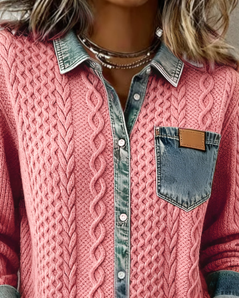 Pink long-sleeve cable-knit shirt detail with denim chest pocket and button front