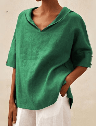 Oversized linen shirt in olive green with V-neck and short sleeves