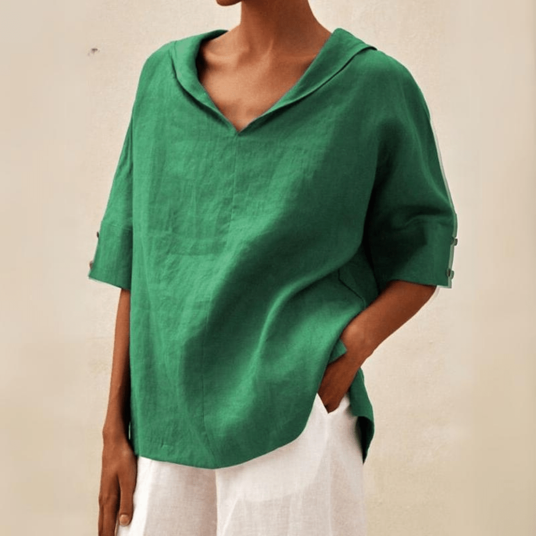 Oversized linen shirt in olive green with V-neck and short sleeves