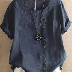 Navy-blue summer tee with V-neck, button placket, short sleeves and pendant charm