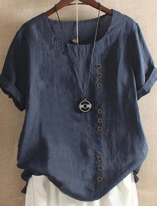 Navy-blue summer tee with V-neck, button placket, short sleeves and pendant charm