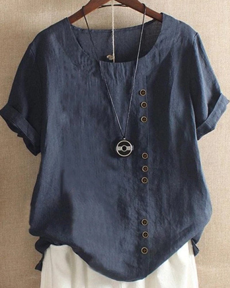 Navy-blue summer tee with V-neck, button placket, short sleeves and pendant charm
