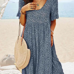 Navy floral babydoll dress with V-neck and short sleeves, knee-length