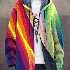 Multicolored rainbow art-print hoodie with fleece-lined hood, front pocket, drawstrings