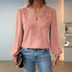Peach embroidered lightweight blouse with V-neck button placket and long puff sleeves