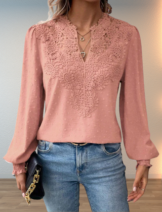 Peach embroidered lightweight blouse with V-neck button placket and long puff sleeves