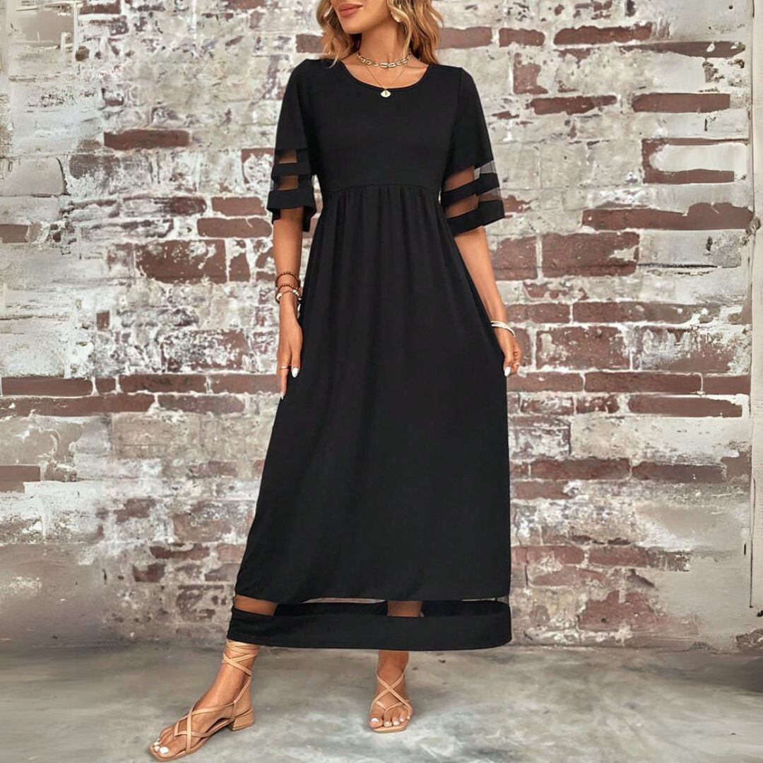 Black midi dress with gathered waist and elbow-length sleeves with sheer stripe panels