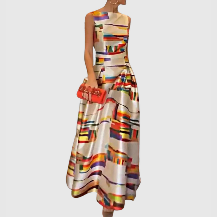 Sleeveless maxi dress with abstract multicolor block print and gathered waist