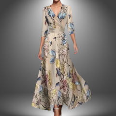 Cream botanical-print V-neck half-sleeve boho maxi dress with wrap-style waist