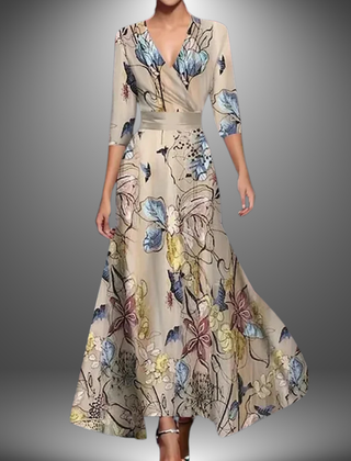 Cream botanical-print V-neck half-sleeve boho maxi dress with wrap-style waist