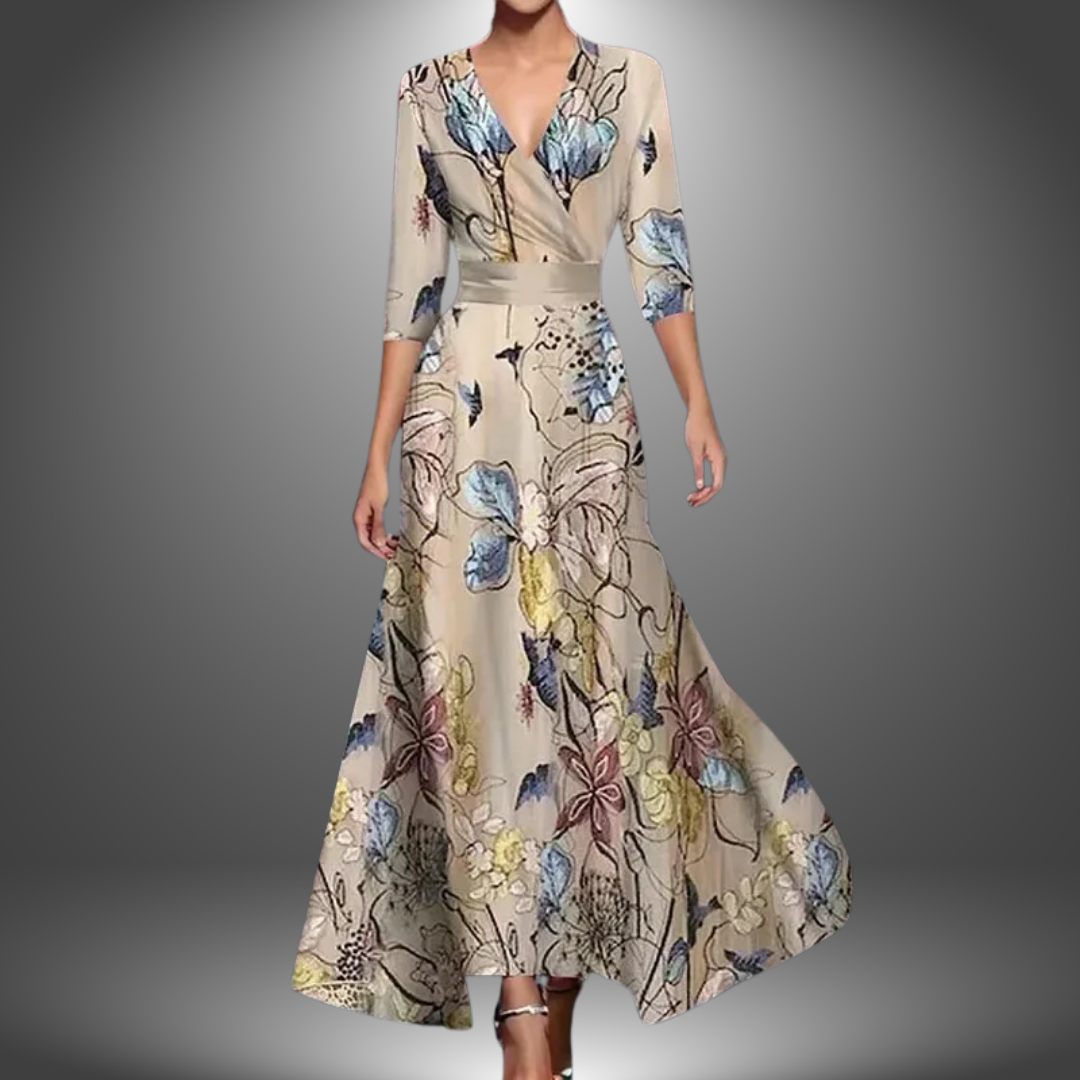 Cream botanical-print V-neck half-sleeve boho maxi dress with wrap-style waist