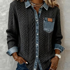 Dark gray long-sleeve cable-knit shirt with denim collar, placket, and chest pocket