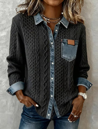 Dark gray long-sleeve cable-knit shirt with denim collar, placket, and chest pocket