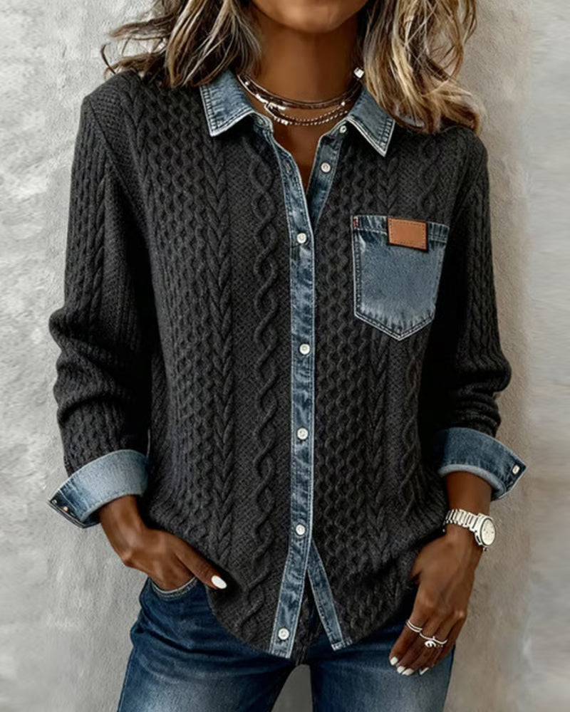 Dark gray long-sleeve cable-knit shirt with denim collar, placket, and chest pocket